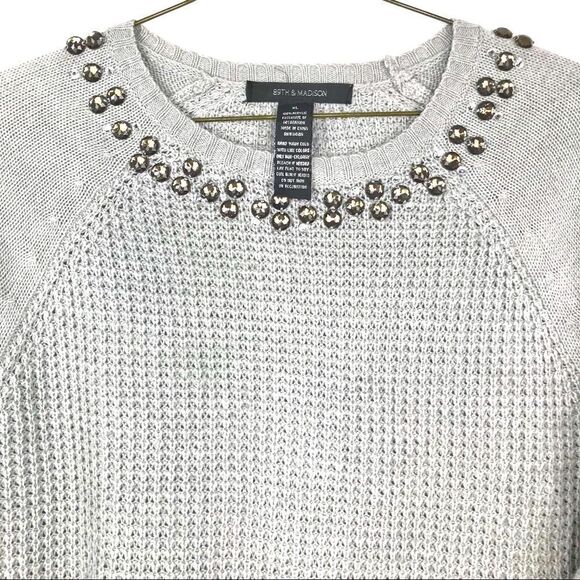89th & Madison Gray Knit Jeweled Crew Neck Sweater - Picture 6 of 11